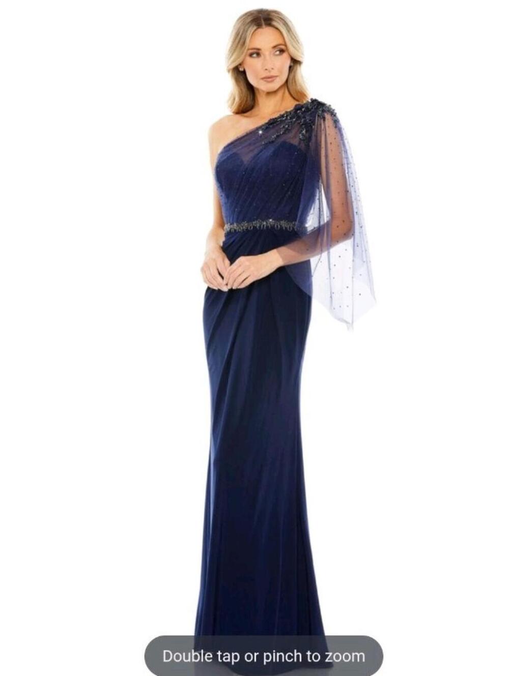 NWT Mac Duggal 79392 Sz 14 Navy Blue Embellished One Shoulder Draped Gown